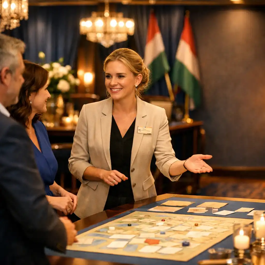 Rendezvénykoordinátor beszélget elegánsan öltözött vendégekkel egy esti társas program előtt