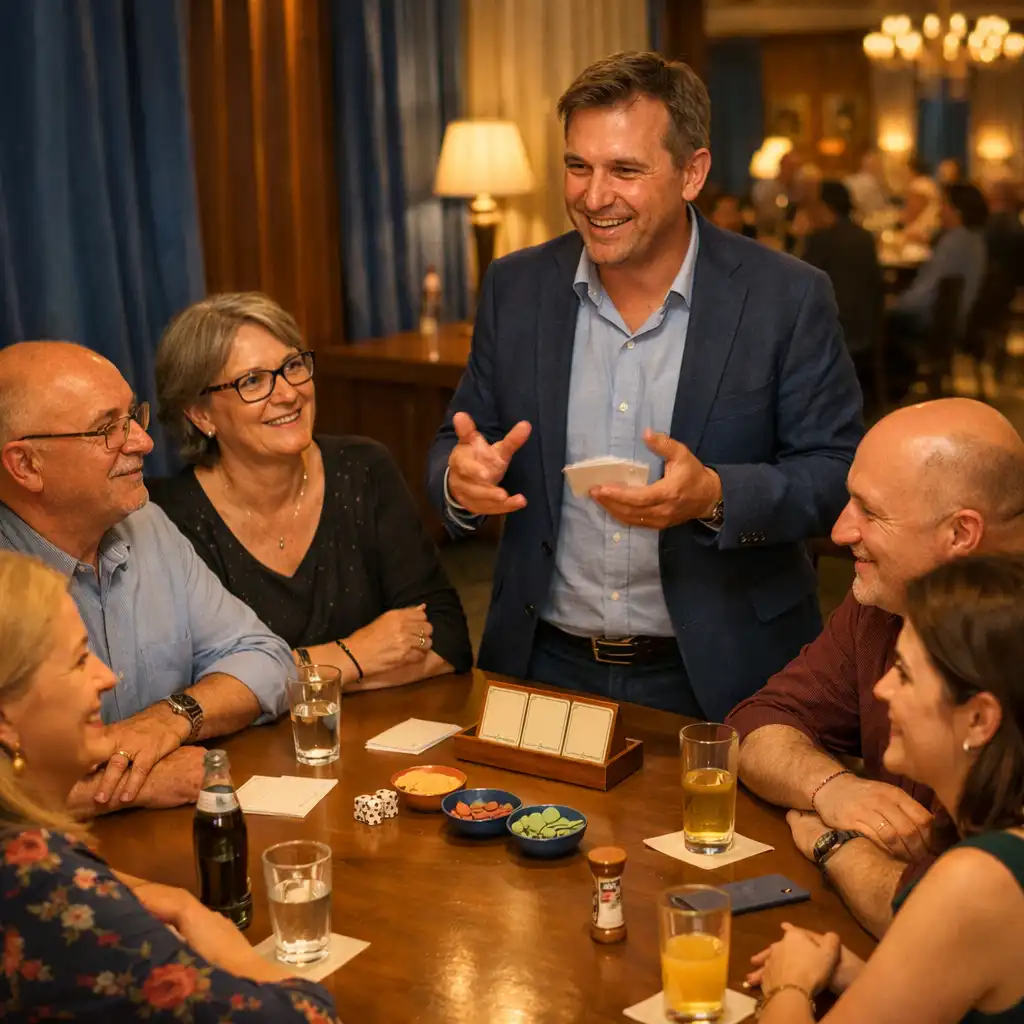 Vendégek figyelnek egy barátságos házigazdára egy offline társas asztali programon